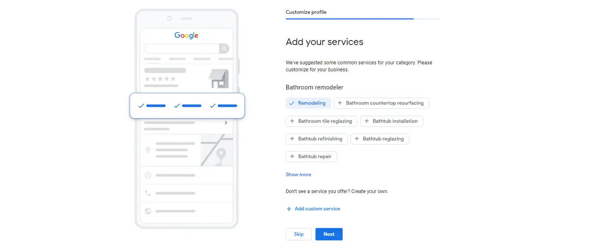 Choosing services for Ggogle Business Profile