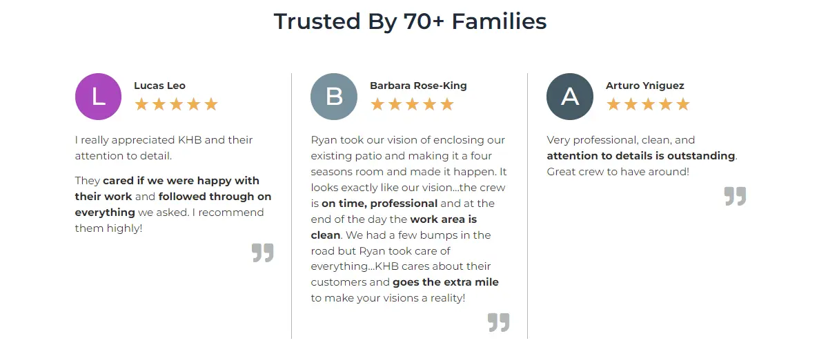 testimonial section from KHB Construction website