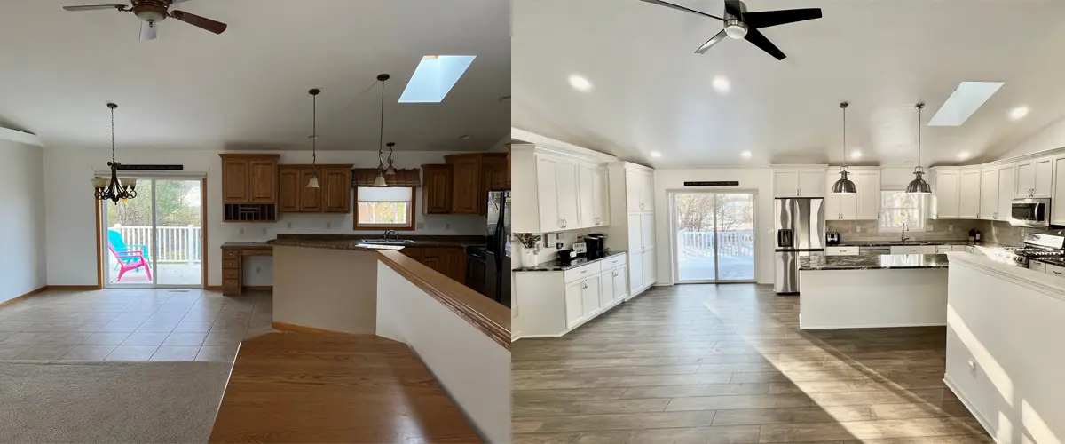 before and after kitchen remodeling photos taken from the same angle