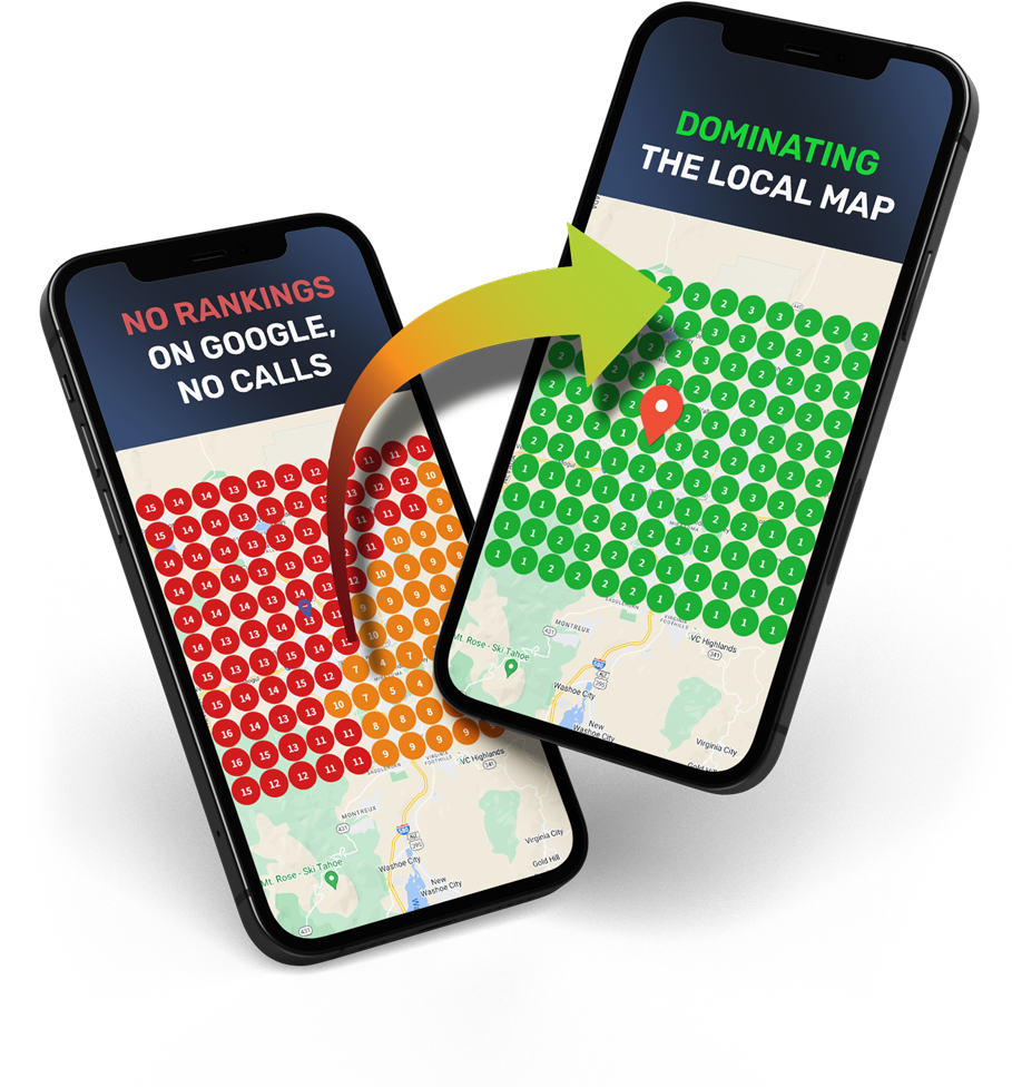 a mockup of two phones that aim to showcase the fact that we will help them dominate the local map and help them get leads and customers
