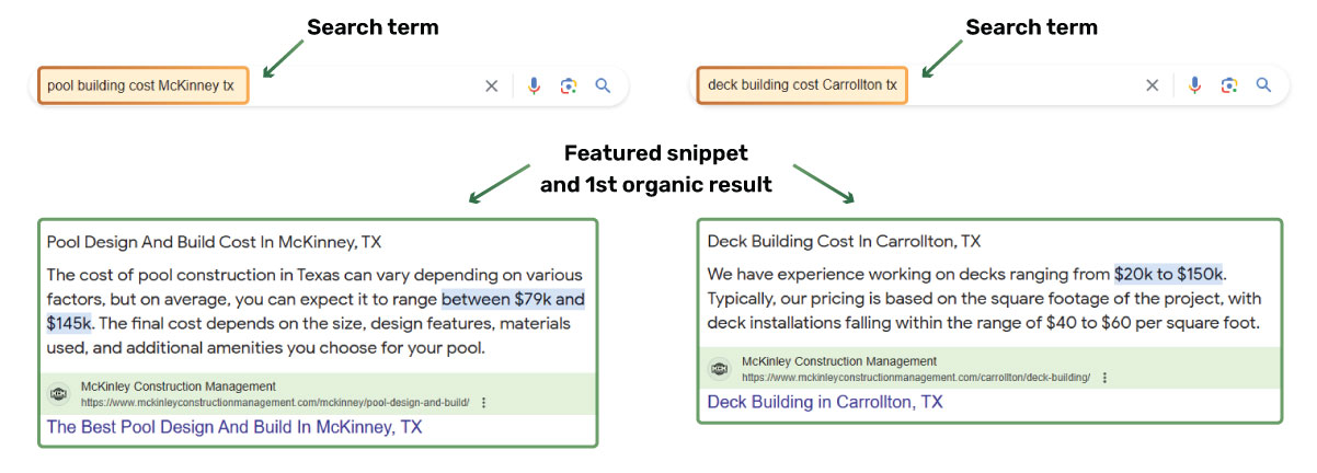 Featured snippet and first organic search result for McKinley Contracting