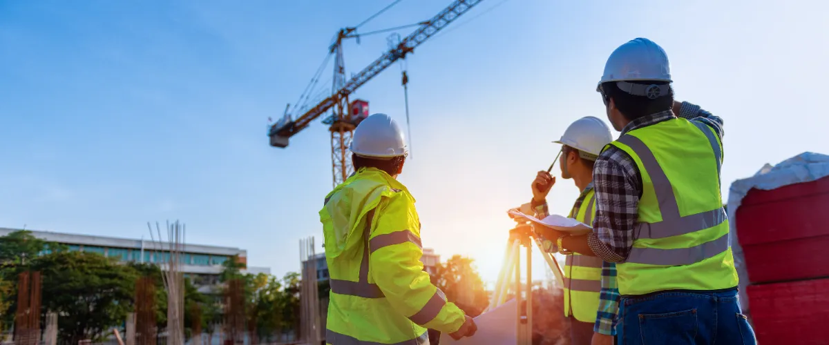 a construction site featuring multiple construction workers and a crane in the background
